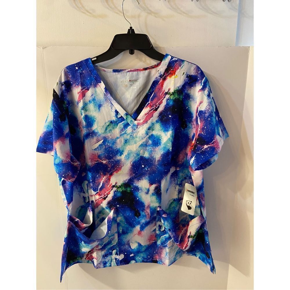 Pandamed scrub top shirt‎ 2x galaxy print Blue multicolor new